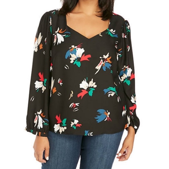 The Limited Flower Toss Black Floral Long Sleeve V Neck Blouse Size 1X Office - Picture 1 of 13